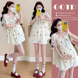 孕妇装2025夏新款韩版时尚重工刺绣樱桃甜美上衣+托腹短裤套装女