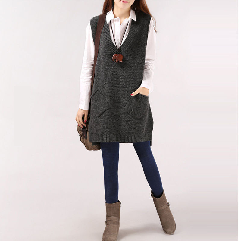 Sweater Vest Women's Spring Autumn and Winter Vest Knitted Jacket Mid-length Outer Wear plus size Wool Loose Sleeveless Vest