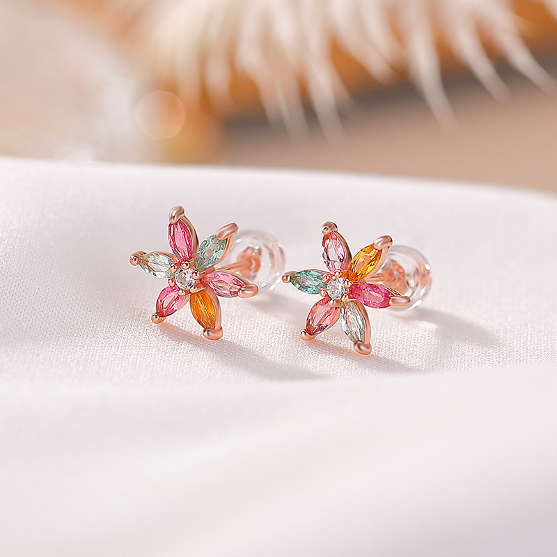 Bông tai bạc S925 mạ vàng hồng đính tourmaline ánh sáng sang trọng — Một cặp (màu tourmaline ngẫu nhiên)