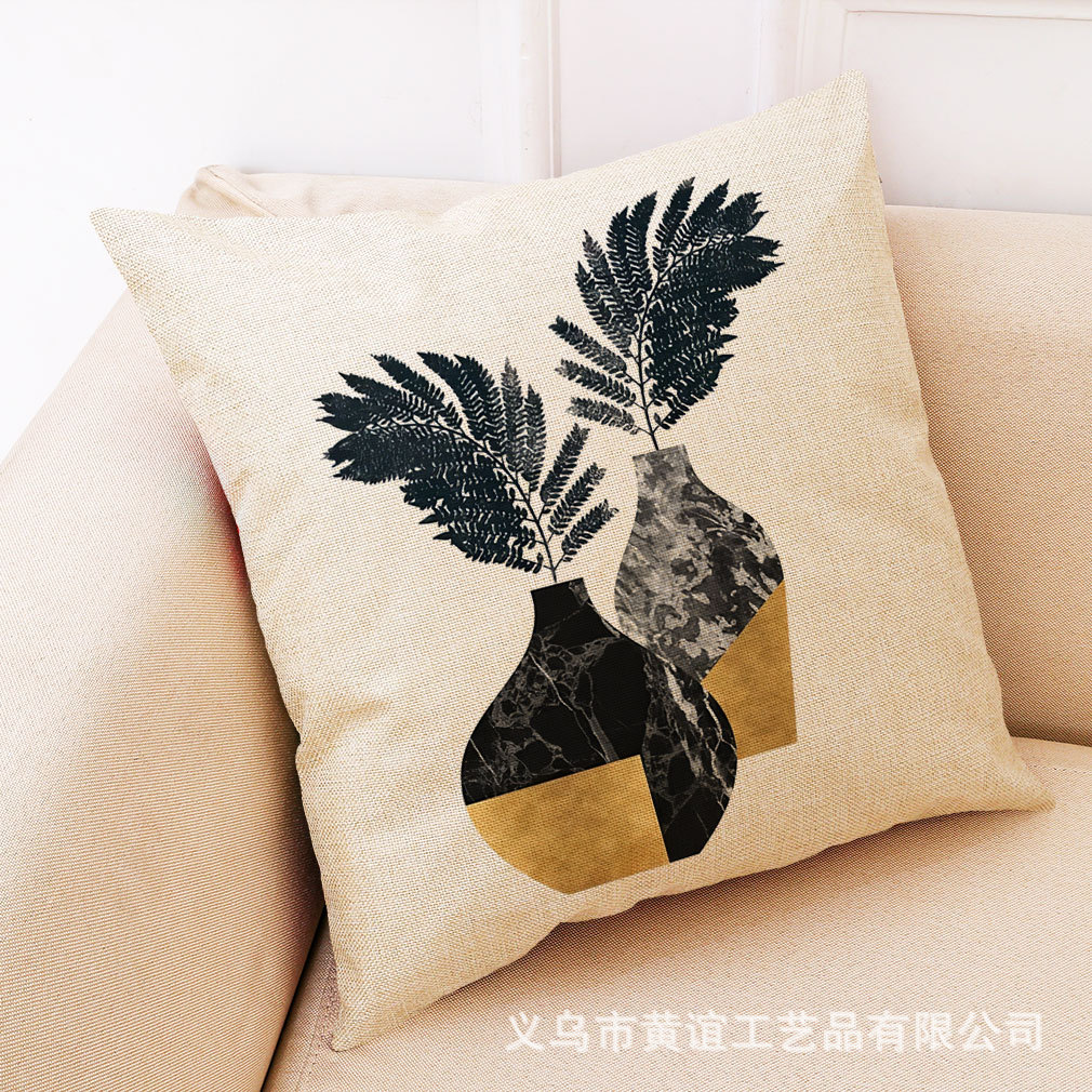wish 亚马逊新款艺术花盆亚麻抱枕套 汽车抱枕家居沙发靠垫可定制