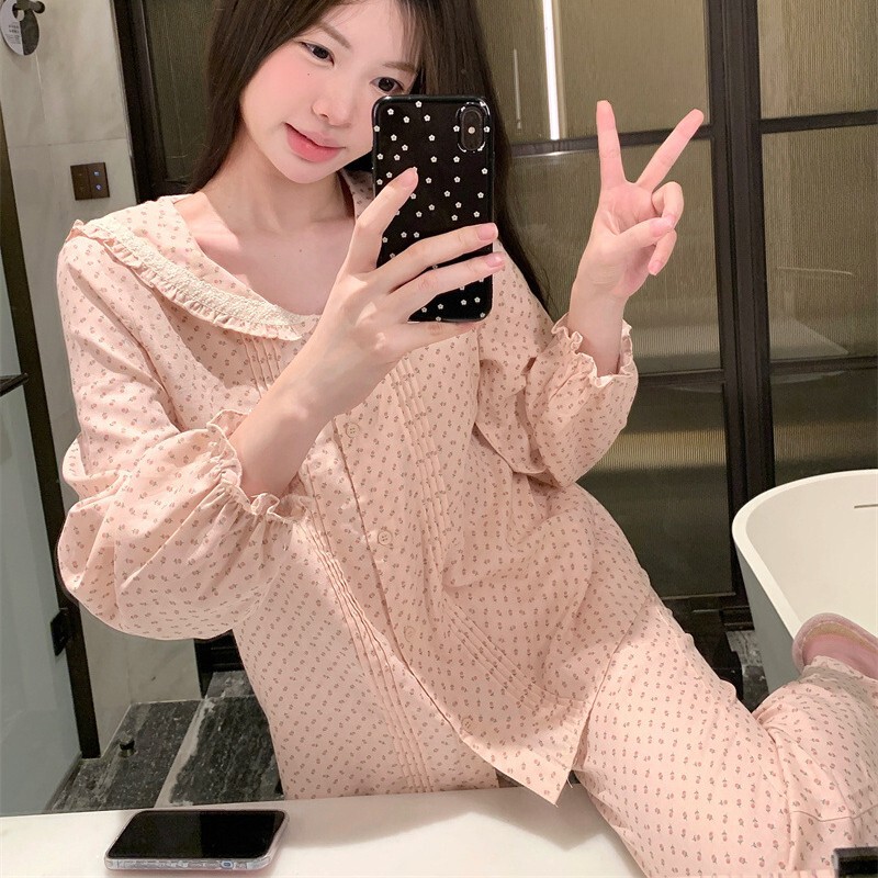 Gentle Sweet Cute Girl Floral Navy Collar Soft Waxy Pure Cotton Fresh Home Clothes Long Sleeve Pajamas suit Spring Gentle Sweet Cute Girl Floral Navy Collar Soft Waxy Pure Cotton Fresh Home Clothes Long Sleeve Pajamas suit Spring
