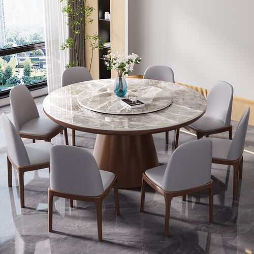 w! High-end solid wood slate dining table and chair combination electric turntable induction cooker household small apartment dining table round meal