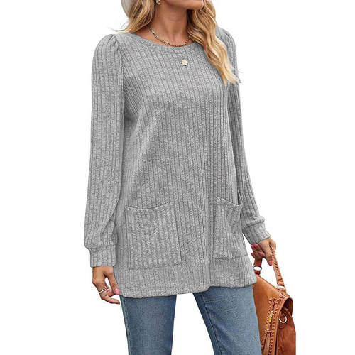 Amazon Western Cross-border New Autumn/Winter Stock Long-sleeve Knit Top Round Neck Striped Pure Color Pockets Women's Long Dress
