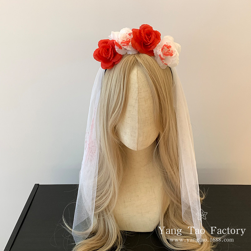Bloody Bride Oscuro Rojo Flores Cabello Bandera Blanco Mesh Headband Halloween Ghost Cos Bride Accessories Cabello
