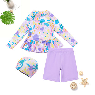 2025 New Style Pink Cute Wisteria Flower Skirt for Kidsren and Girls Sun Protection Quick-Drying Long-Sleeved Split Surfing Swimsuit
