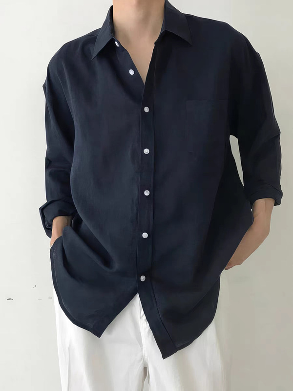 棕色棉麻衬衫男口袋款宽松长袖防晒开衫薄款透气亚麻休闲工装衬衣|undefined