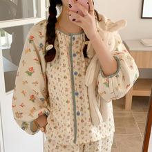 实拍2024秋冬新款睡衣夹丝绵圆翻领碎花撞色可外穿家居服套装批发