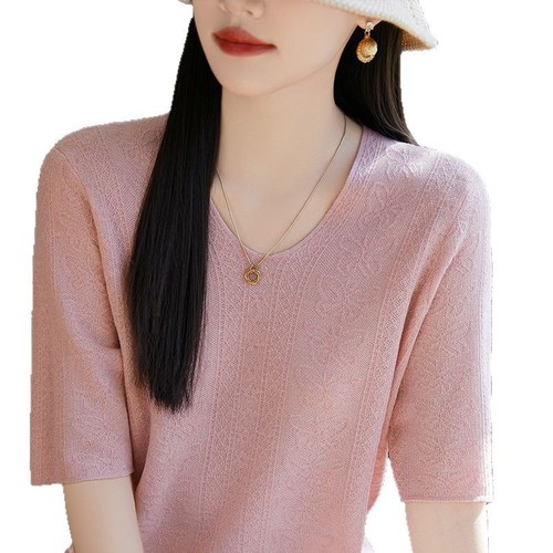 Simple Elegance Half-Sleeve Top for Women - Spring and Summer New Arrival Knit T-Shirt Style Loose and Slimming V-Neck Basic Tee - Versatile Matching