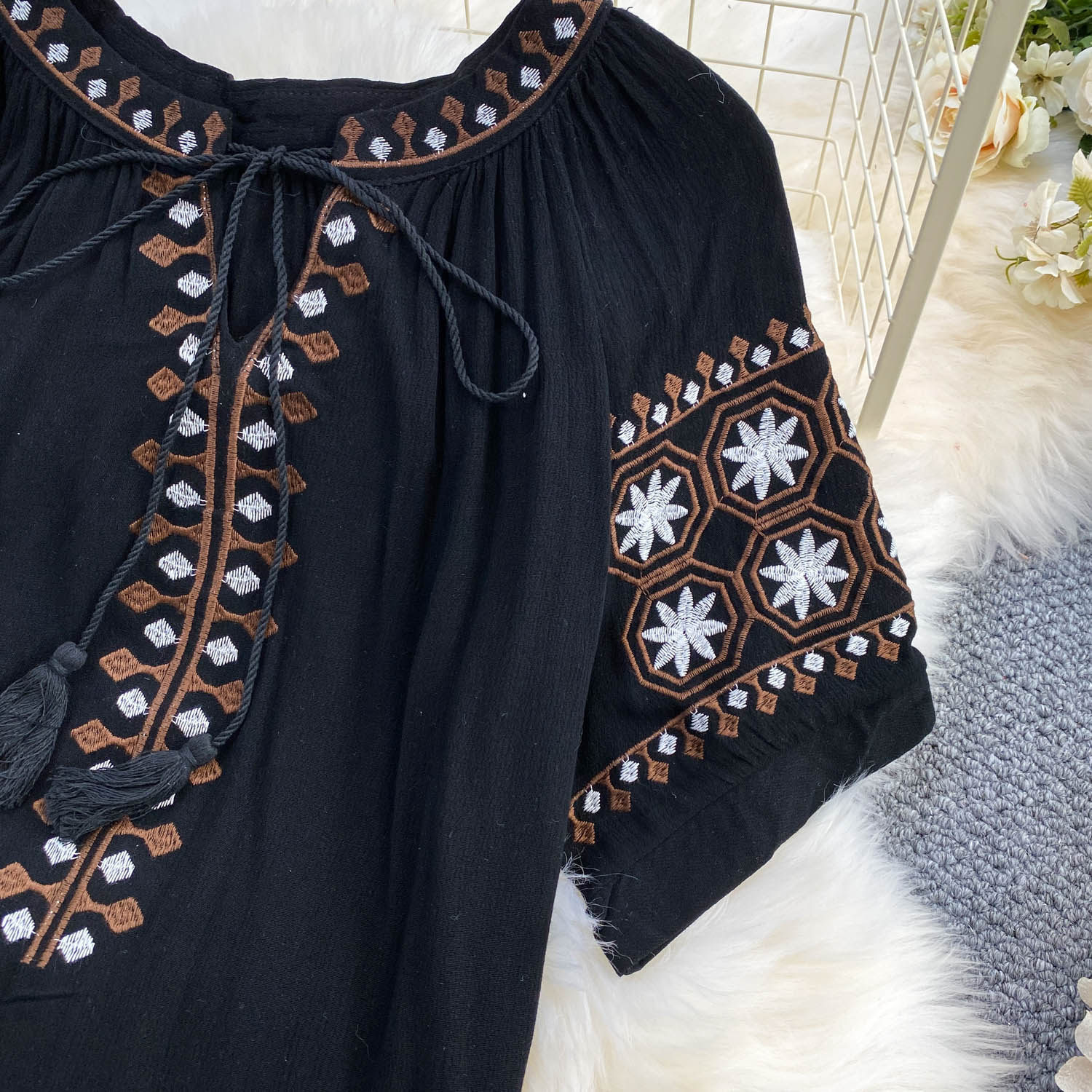 Women's Bohemian Style Sweet Embroidered Tie Neck Round Neck Mid Sleeve T-Shirt Summer Loose Fit Slimming Ethnic Retro Top_ecoleips.com