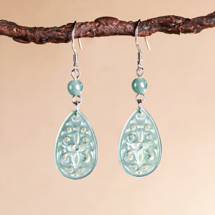 Natural A Goods Jade Blue Water Hollow Water Drop Earrings Antique S925 Silver Ice Jade Stone Women's Earrings Earrings