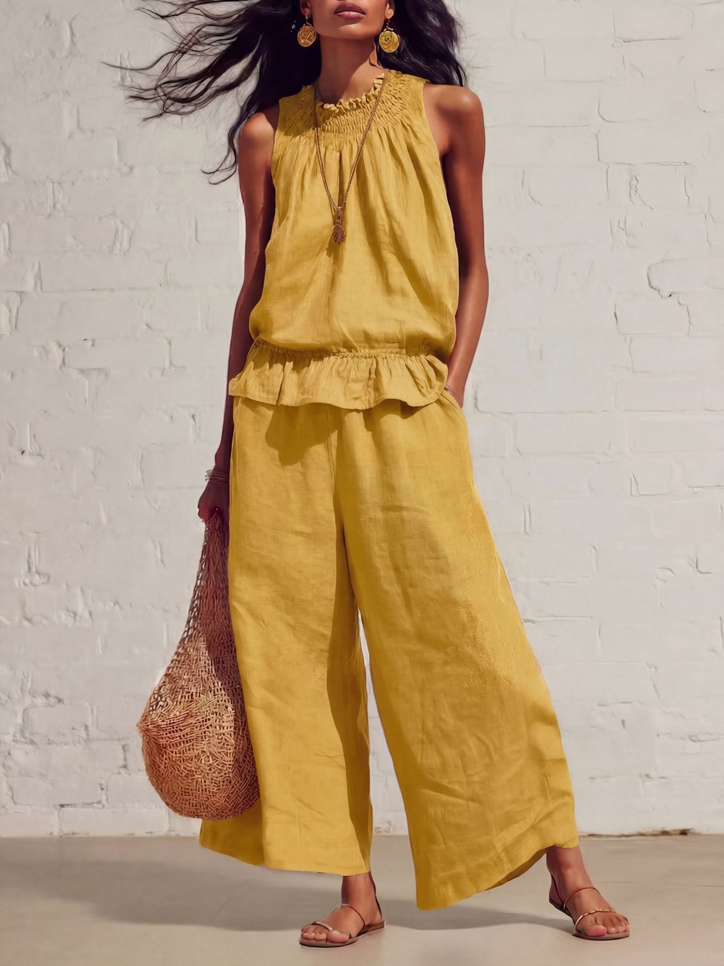Women's Clothing American Style Women's Ruffled Cotton Linen Two Piece Set Retro Bohemian Spring Summer New Arrivals_ecoleips.com
