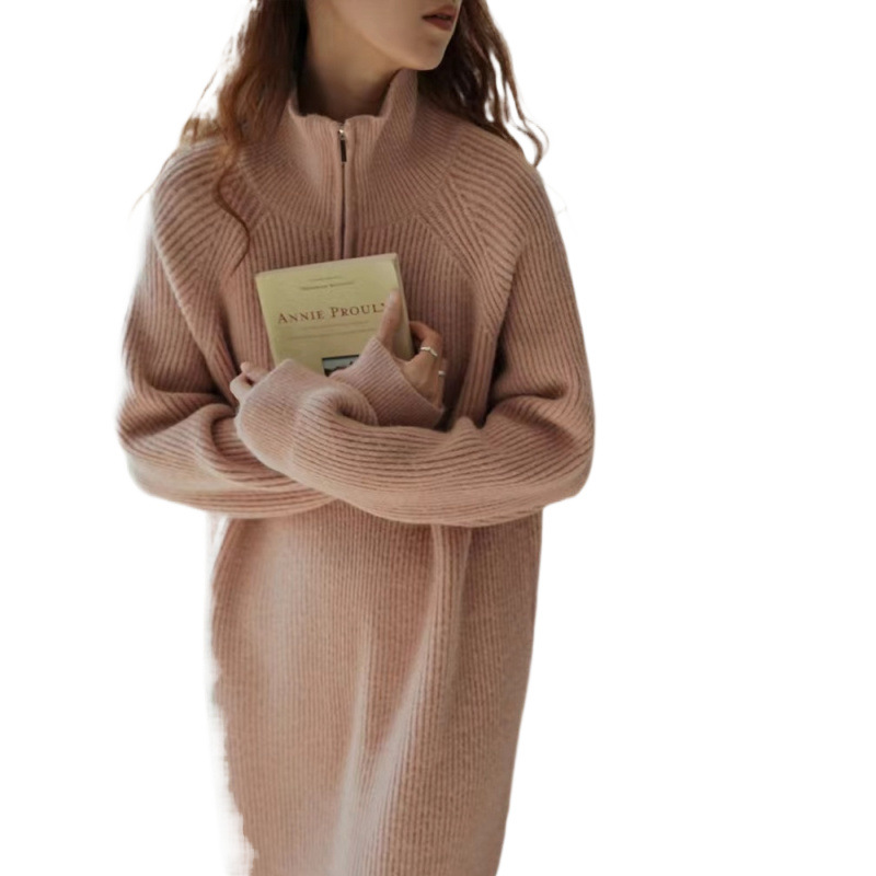 빈티지 게으른 스타일 지퍼 높은 목 니트 원피스 여성용 가을 및 겨울 코트 내부 미디베이스 스웨터 원피스