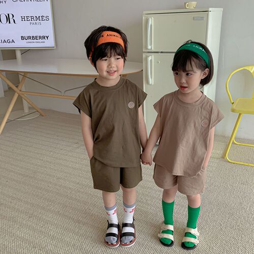 Children's Summer Suit Girls Pure Cotton  New Summer Suit Smiling Little Boy Casual Baby Vest Two-piece Set