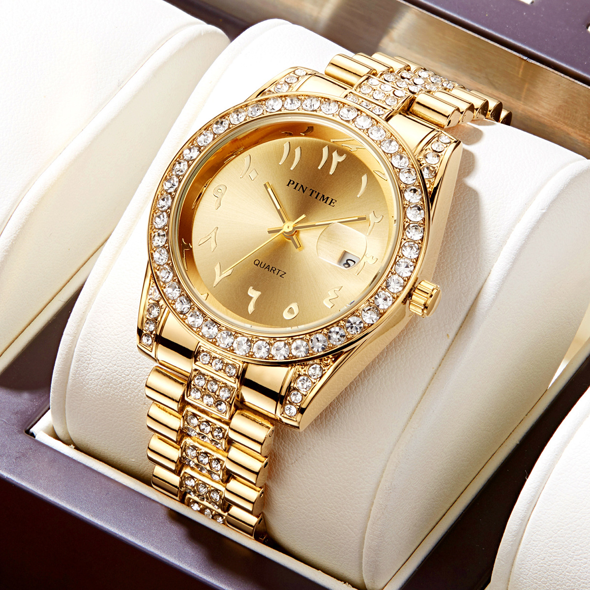 Popular Foreign Trade European and American Watches for Men, Business Personality, Hip-Hop Roman Scale, Full Diamond Waterproof Steel Band Quartz Watch
