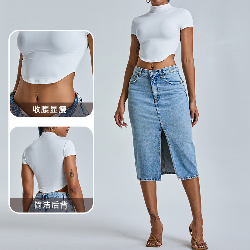 Cross-border nueva ropa de yoga delgada y delgada rápida secado universal de cuello alto chaqueta deportiva running camiseta deportiva mangas cortas