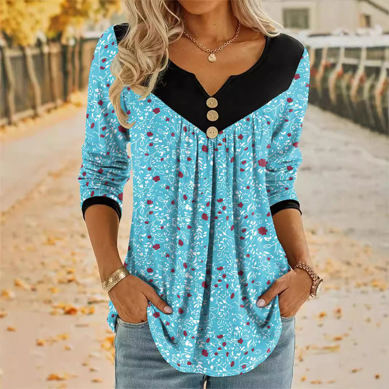 2024 Cross-Border European and American Spring and Autumn Women's Oversized Printed Long Sleeve V-Neck Stretch T-Shirt