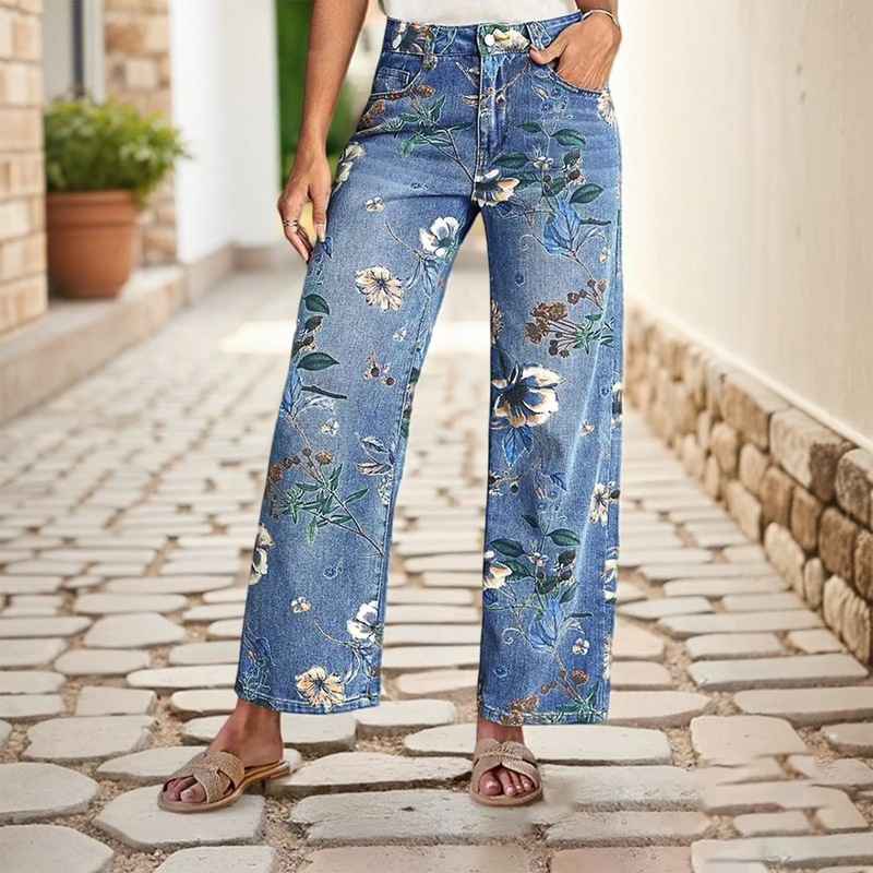 Temu American-Style Cross-Border Women's Printed Denim Spring and Autumn Straight Wide-Leg Pants Denim City Foreign Trade Fashion in Stock Temu American-Style Cross-Border Women's Printed Denim Spring and Autumn Straight Wide-Leg Pants Denim City Foreign Trade Fashion in Stock