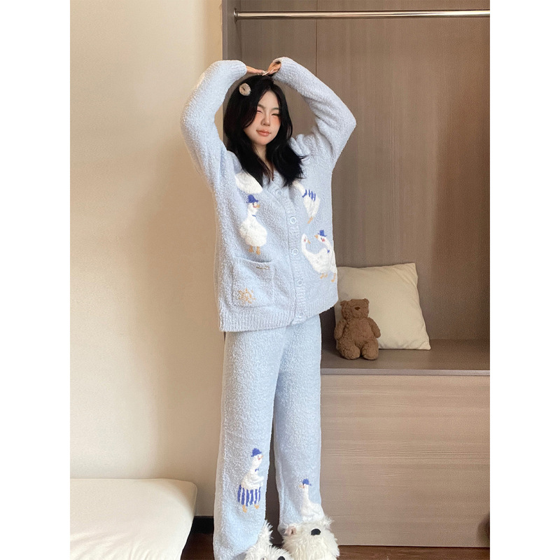 【现货】卡通唐老鸭针织半边绒睡衣女秋冬季加厚保暖家居服套装冬|undefined