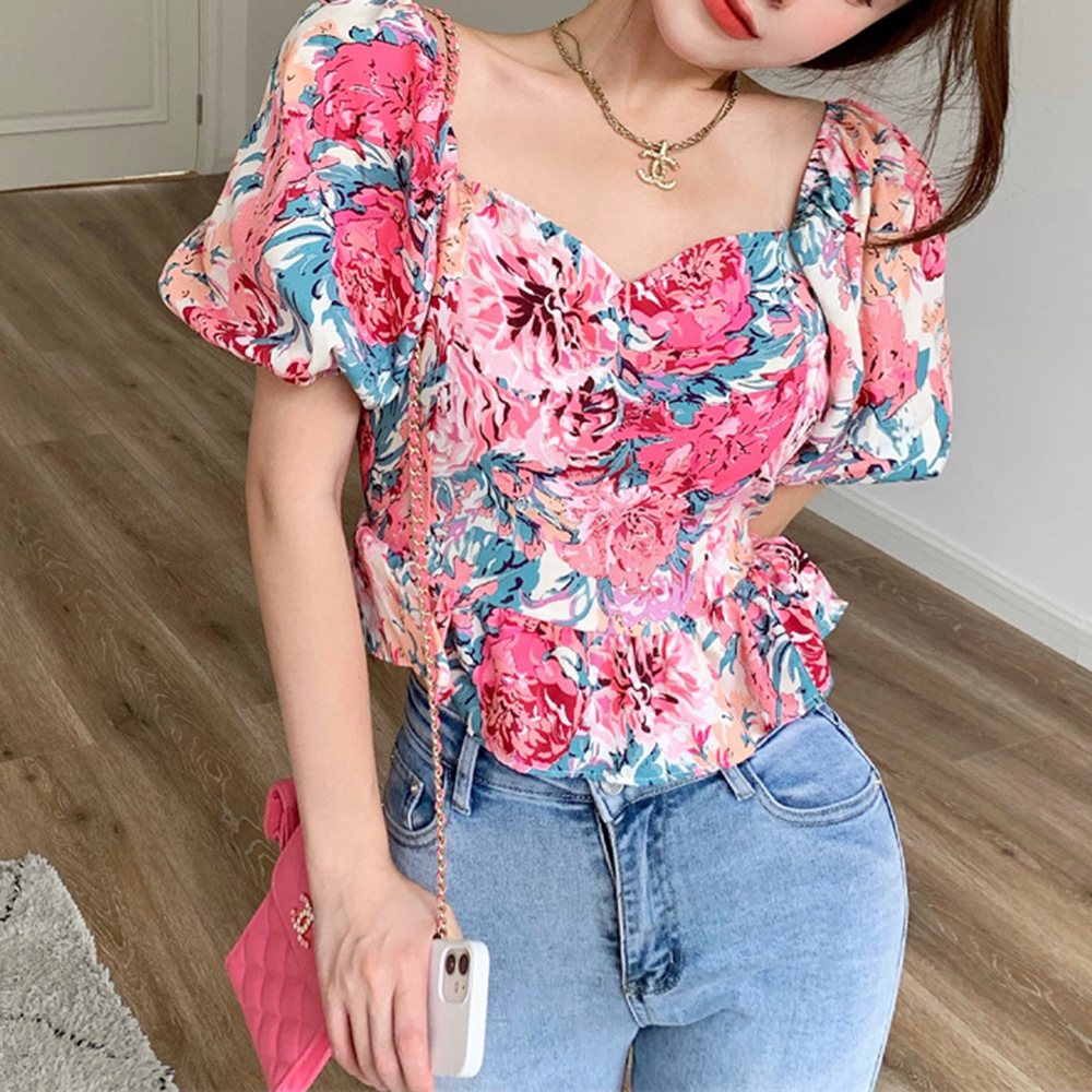 Backless Puff Sleeves One-Shoulder Lace-Up Floral Top NSJR113951