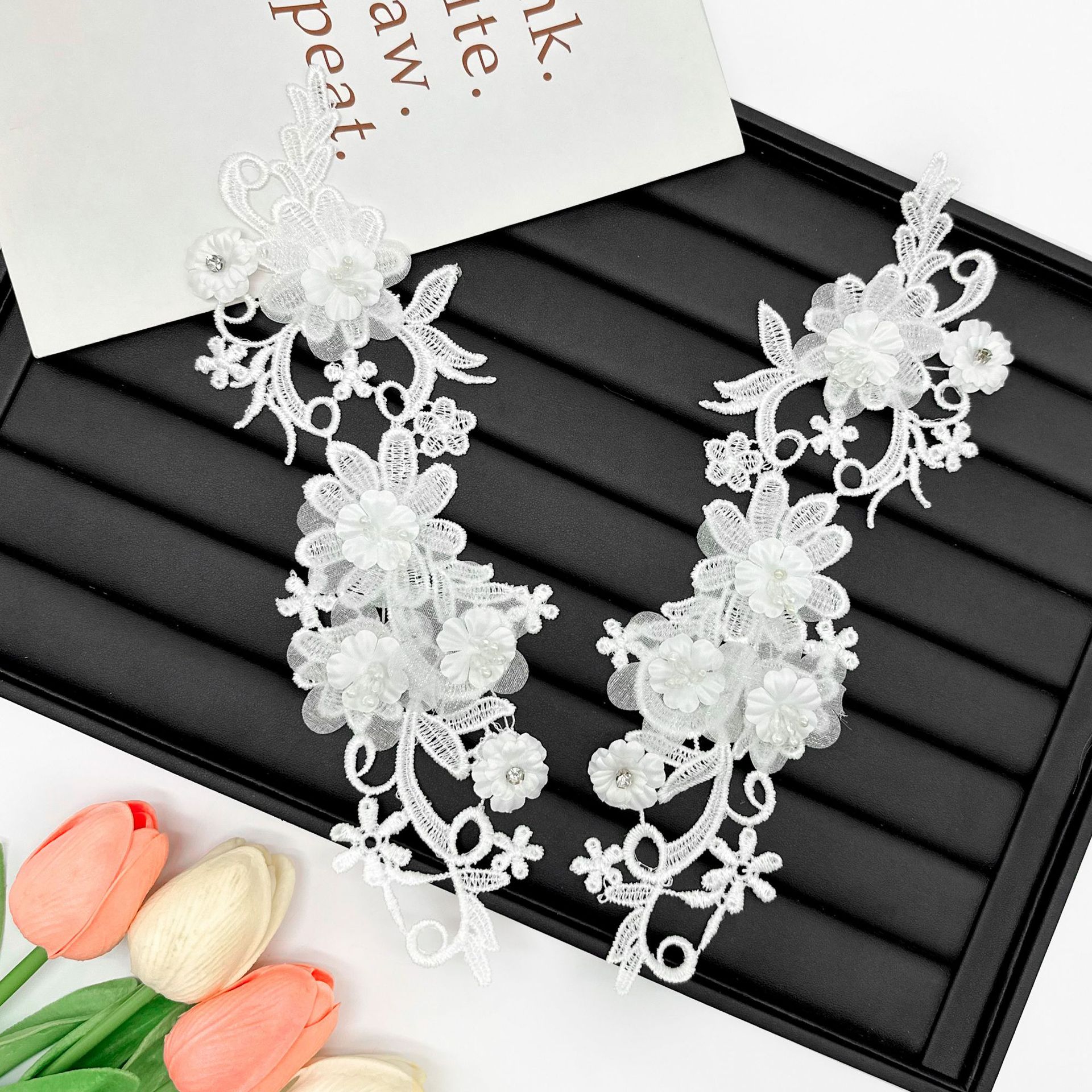 Flores de encaje hueco tridimensional blanco encaje de bordado de costura floral vestido vestido vestido de baile decoración