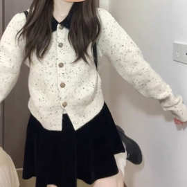 绵羊绒+黑心马海毛2024春秋季新款小香风斑点撞色毛衣外套女上衣