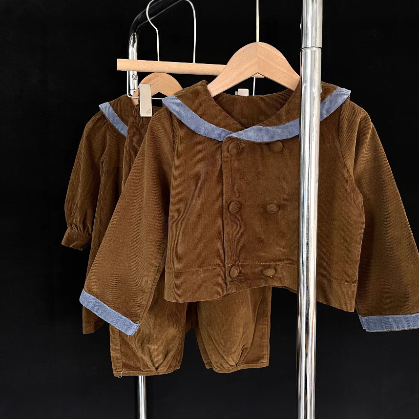 （现货清仓）2025春秋女童灯芯绒撞色翻领连衣裙&上衣裤套装