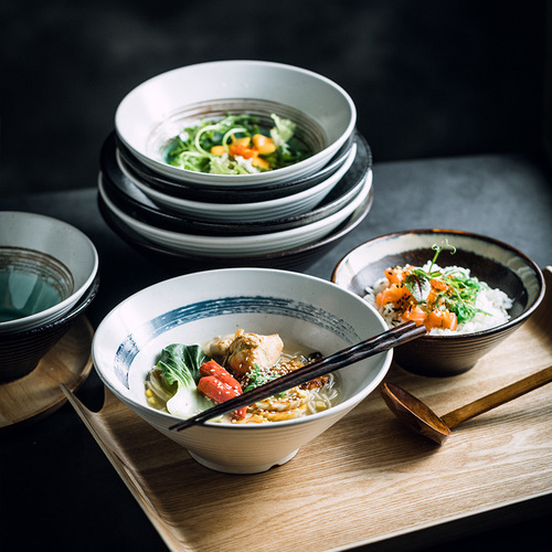 Creative ceramic bowl Japanese ramen bowl household noodle soup large bamboo hat bowl commercial trumpet bowl tableware set wholesale