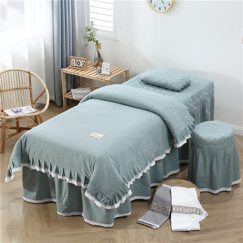 美容床罩四件套色织水洗棉加厚棉麻高档简约床套SPA按摩定做深灰