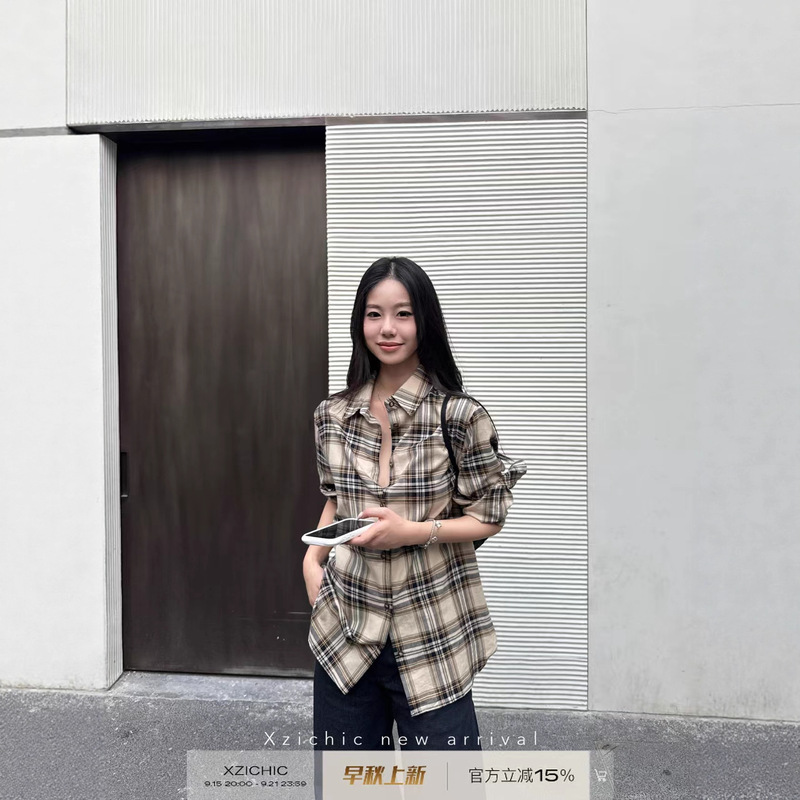 Xzichic英伦风格纹衬衫秋季新款面料长袖衬衣飘带上衣女|undefined
