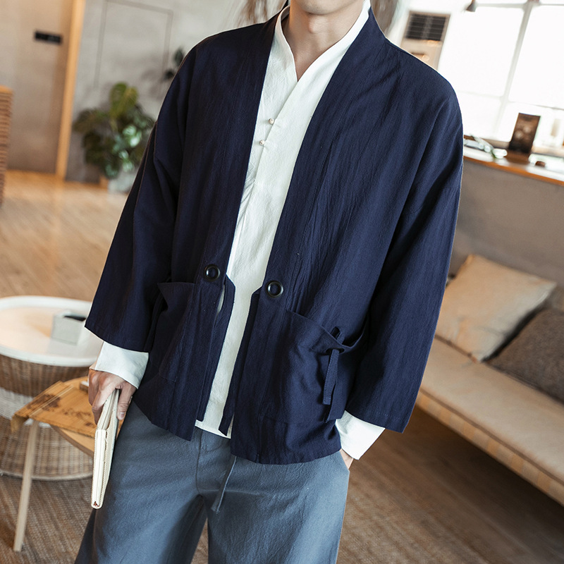 Chaqueta de punto con hebilla de disco retro Hanfu de estilo chino para hombres de estilo antiguo Chaqueta suelta de manga tres cuartos de gran tamaño