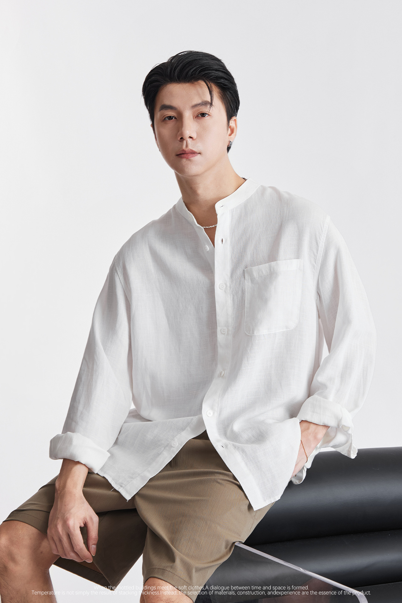 Áo sơ mi nam linen cổ đứng tay dài mùa hè, chất liệu lanh thoáng khí, phong cách Trung Hoa, túi đơn — Xanh navy chi tiết 2
