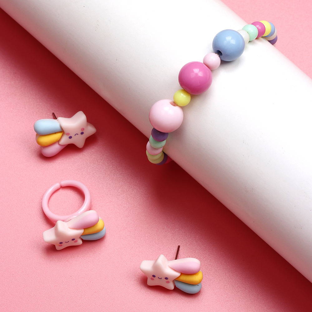 Cute Rainbow Resin Beaded No Inlaid Rings Bracelets Earrings 3 Piece Set display picture 3