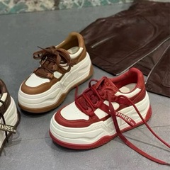 2025秋新款厚底真皮撞色时尚休闲鞋女系带小个子增高7cm松糕鞋潮