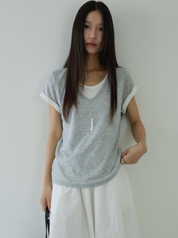 【OVVAN】柔らかく快適なテンセルコントラストカール袖フェイクツーピースTシャツ夏着痩せ半袖トップス3014|undefined