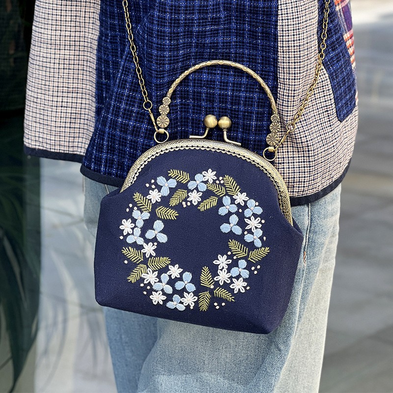 Lu bordado tela tela tridimensional bordado bolso de mano bordado a mano bolso de oro de boca de bricolaje bolso de material flor bolso de mensajero de doble uso