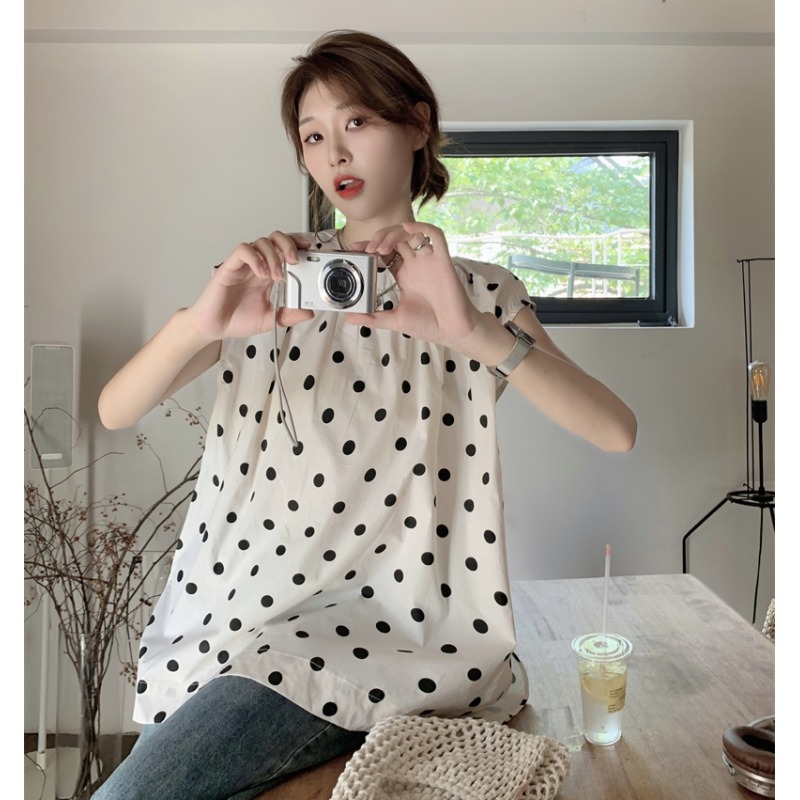 夏法式甜美宽松设计感小众小飞袖波点衬衫女开叉中长款娃娃衫上衣