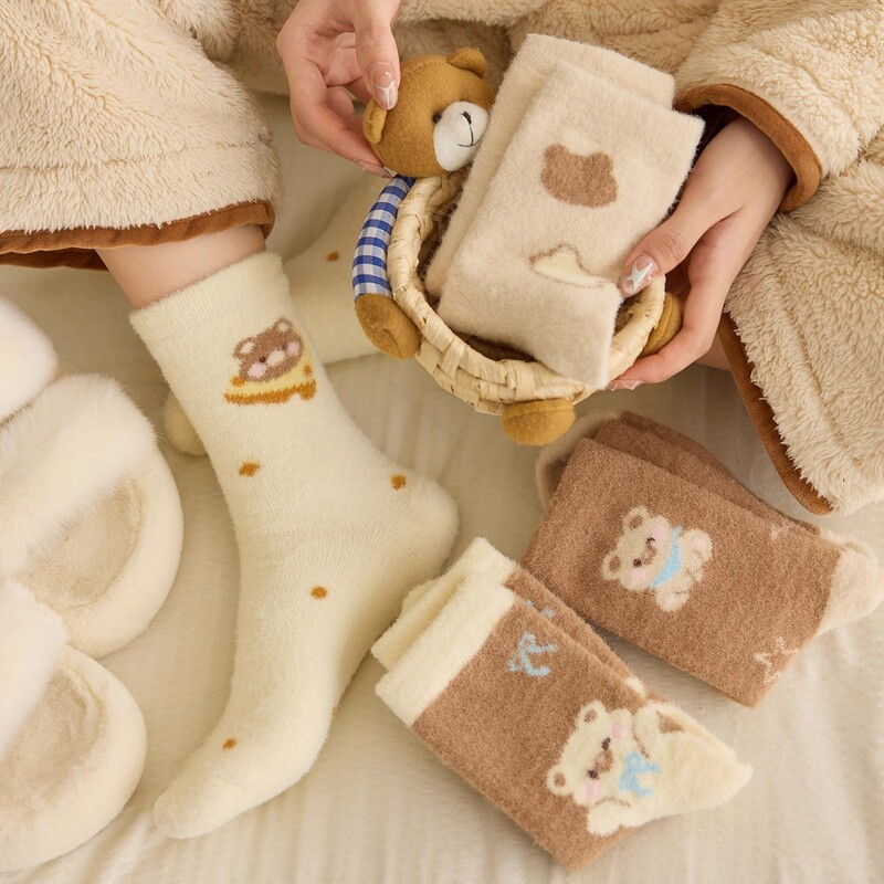 2025 Autumn and Winter New Coffee Color Bear Australian Velvet Mid-Calf Socks Wholesale Thickeneded Warm and Cute Home Floor Socks