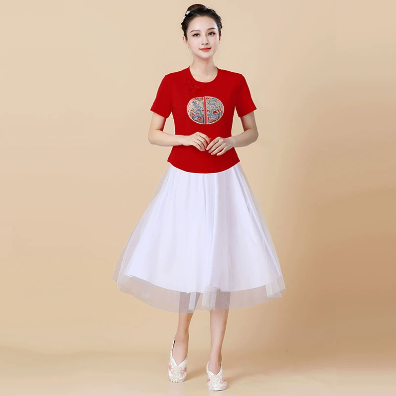 2024 весна и лето национальный стиль танцевальный костюм вышивка танцевальный костюм бутик танцевальная одежда с короткими рукавами 669 юбка набор