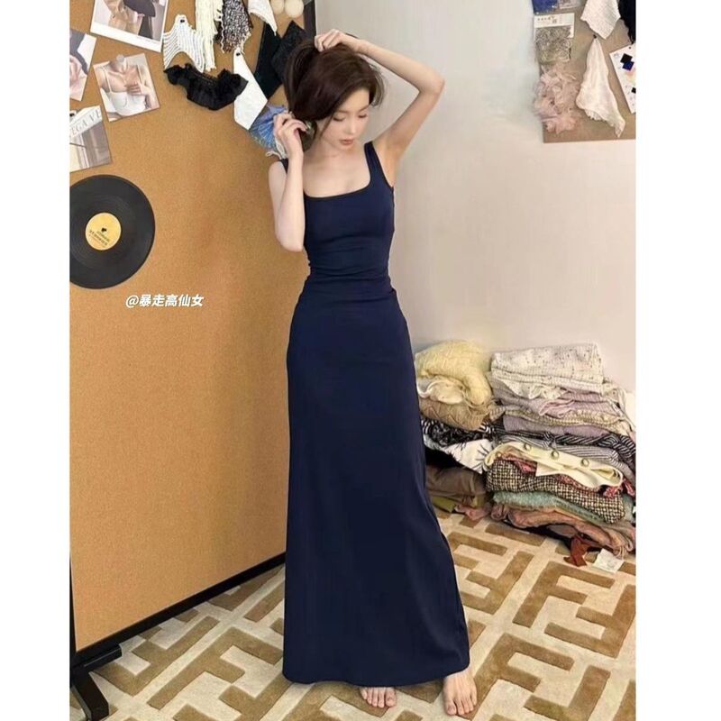 Fairy Tall Ladded navy blue White High-end Sense Square Collar Vest Camisole dress 2024 Summer New Fairy Tall Ladded navy blue White High-end Sense Square Collar Vest Camisole dress 2024 Summer New