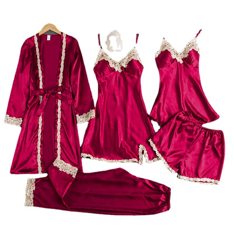 Топ с чашечками, осенняя пижама, набор, шелковая сексуальная slipsdress, юбка, длинный рукав, халат