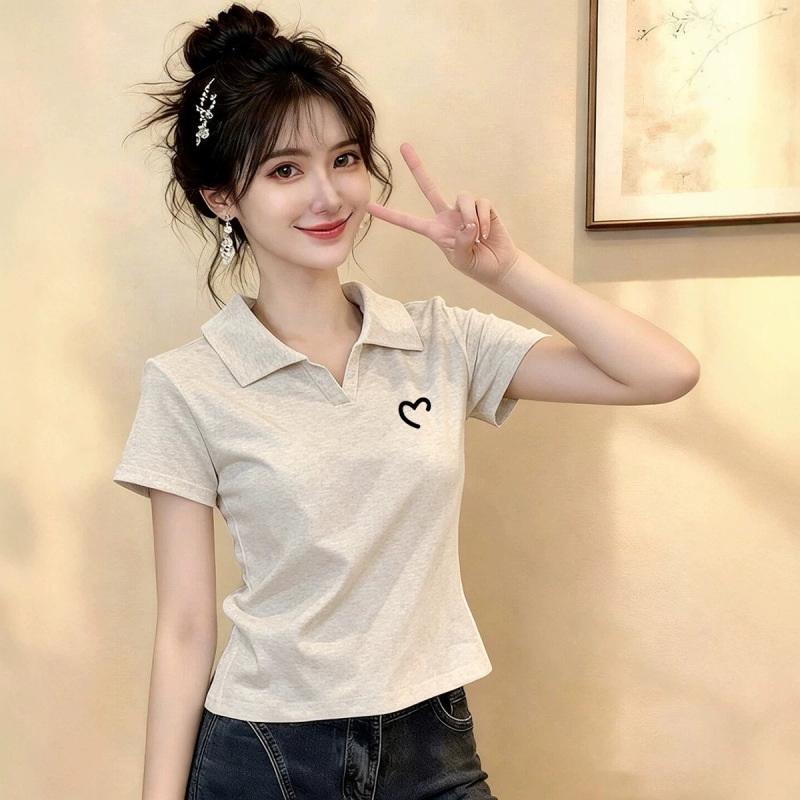 Simple Polo Collar Pure Cotton Short-Sleeve T-Shirt for Women, Summer Turn-Down Collar, High-End Feel, Slimming, Fashionable, Stylish Top for Petite Figures