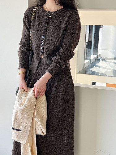 Luxe French-Style Round Neck One-Button Cardigan Top + Skirt Set, Little Shouchang Windy Dress, Size SS366