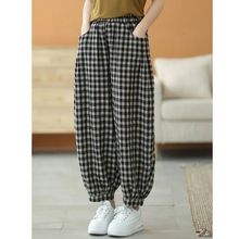 棉麻经典薄款格子松紧腰哈伦裤女装夏季显瘦大码棉麻九分裤潮