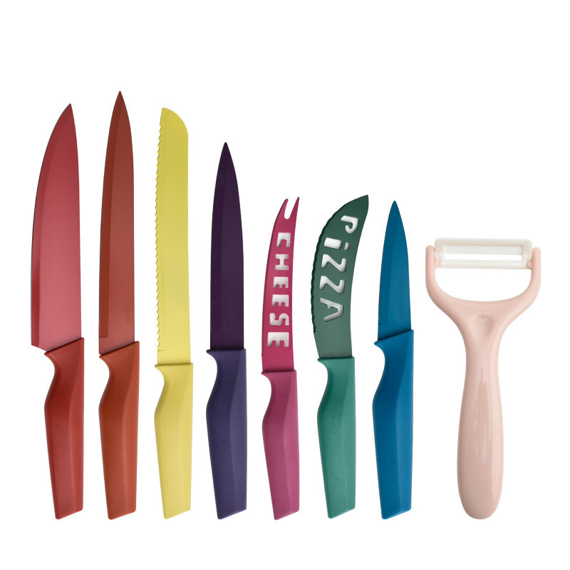 Venta al por mayor de color rombo mango de ocho piezas cuchillo de cocina cuchillo de pintura de acero inoxidable traje de color en caja cuchillo de regalo