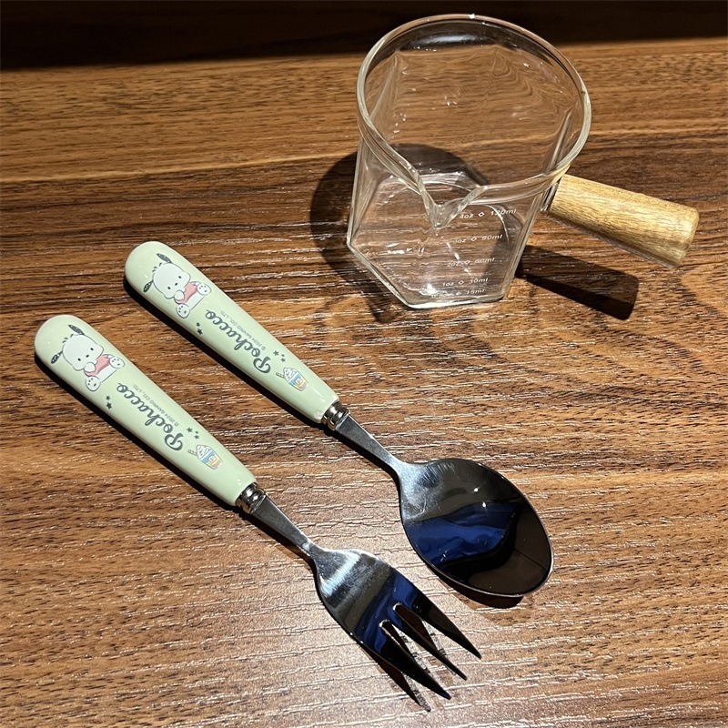 正版三丽鸥陶瓷勺叉 304不锈钢库洛米儿童勺辅食勺大耳狗餐具套装|undefined