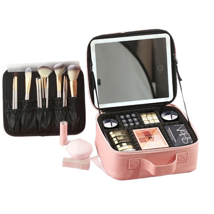 Bolsa de cosméticos de capacidad con luz con espejo Partición desmontable Bolsa de almacenamiento de cosméticos portátil y portátil