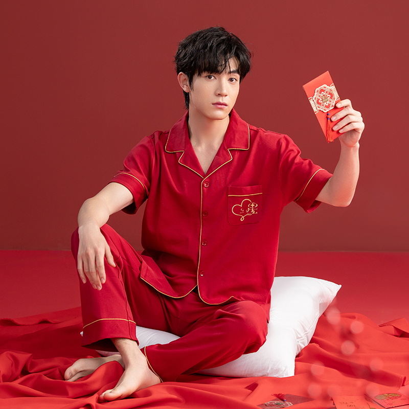 Pijamas de las mujeres verano algodón manga corta media manga Pantalones rojo año nacimiento boda desgaste del hogar verano 2024 Nuevo