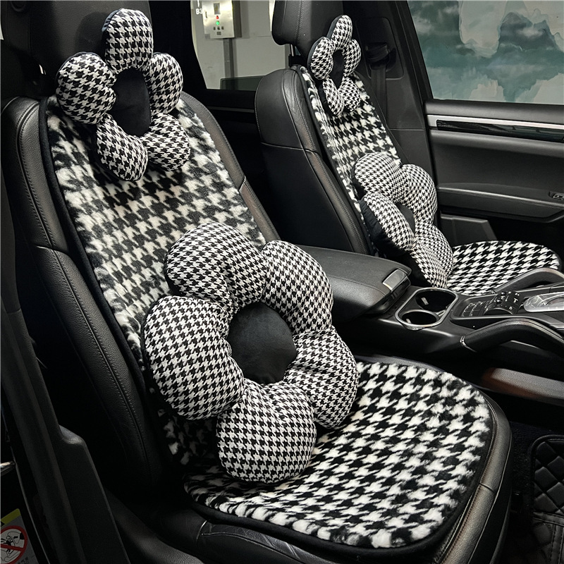千鳥格子柄の車用シートクッション、冬用のふわふわで暖かく快適な車載用シートクッション、クラシックな車用シートクッション、高級感|undefined