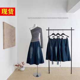 RAI 美式复古韩系氛围感牛仔半身裙冬季女宽松拼接高腰长款伞裙