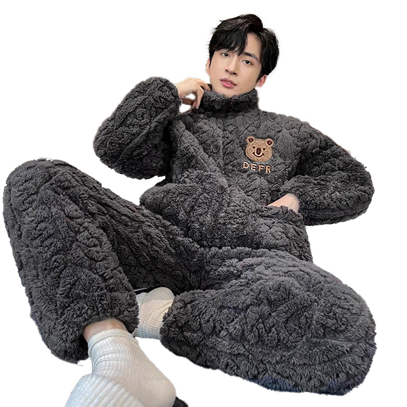겨울 새 스탠드 칼라 파자마 남성 패딩 산호 양털 3 층 클립면 패딩 재킷 10 대들이 가정용 의류 도매 착용